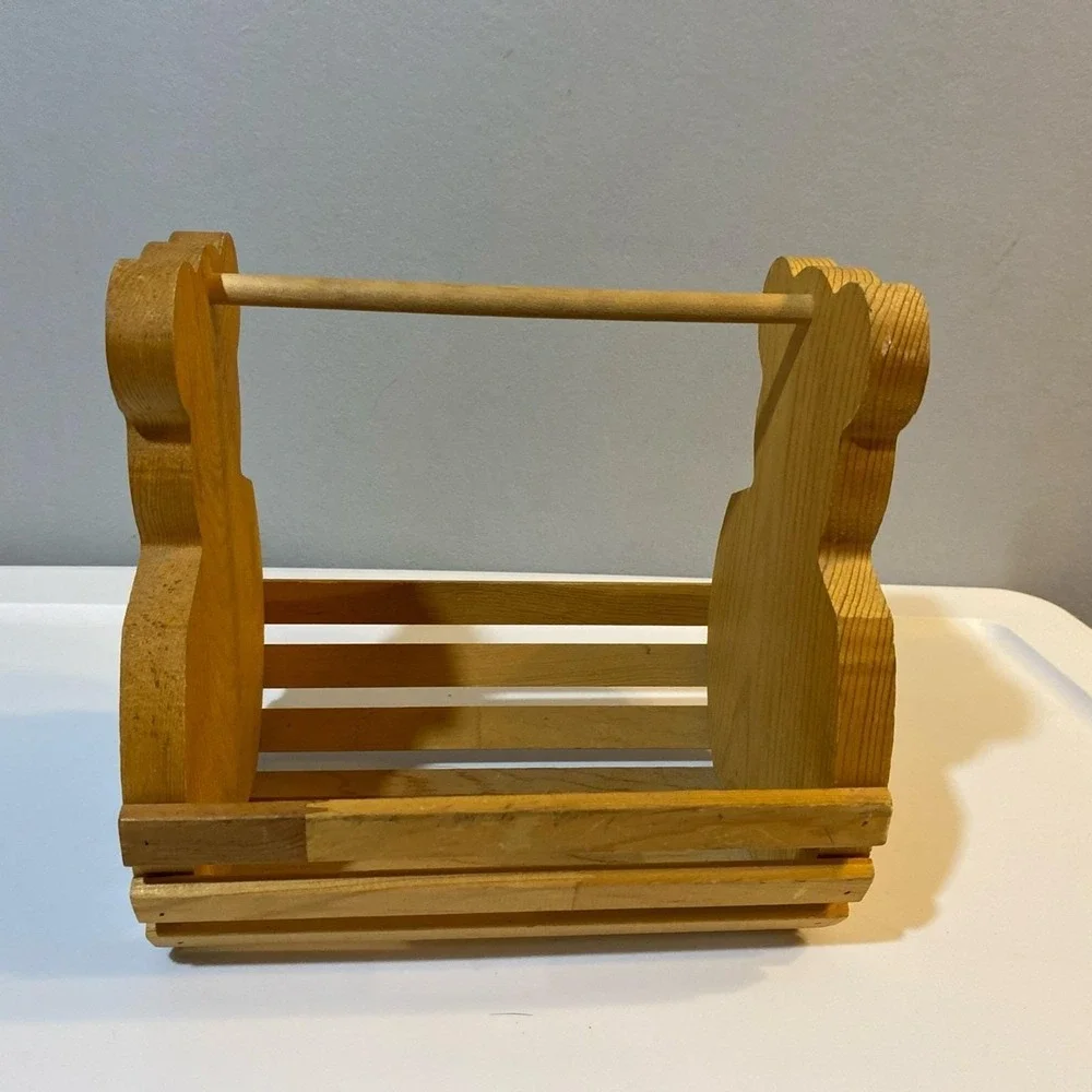 Vintage Wooden Slat Basket Teddy Bear Design Country Cottage Core Kids‎ Decor